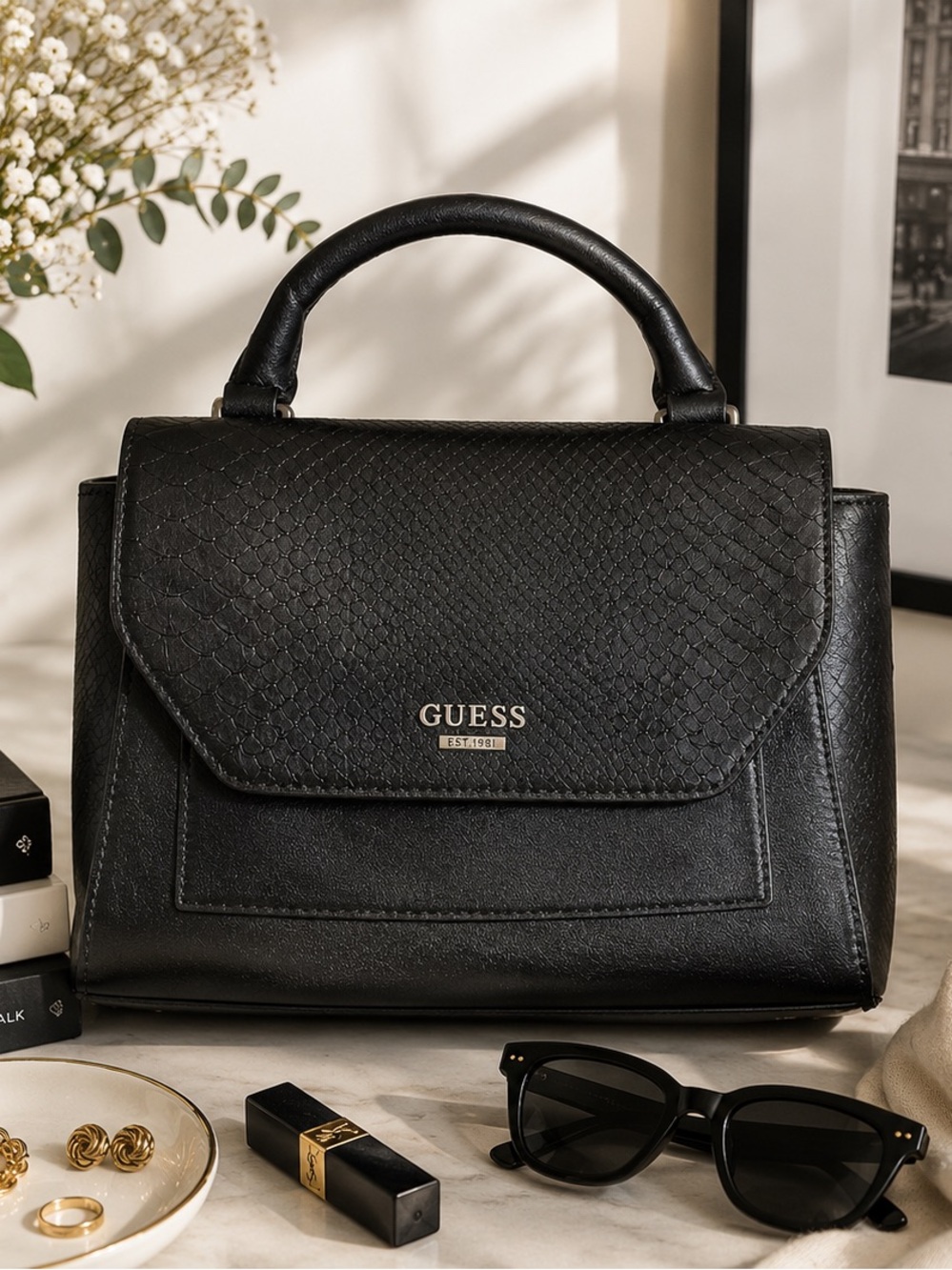 GUESS Black Faux Leather Top Handle Bag | Snakeskin Texture | 9x9x3